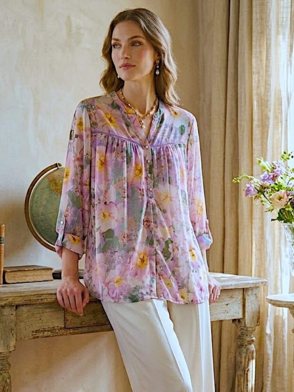 Juniper + Lime Women's Floral Roll Tab Sleeve Colorful Top Size 2X